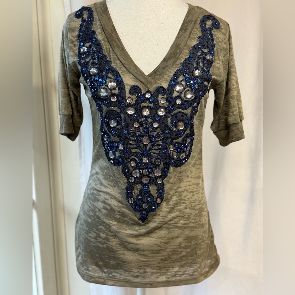 Olive/khaki Top with Blue Embellishments Size S